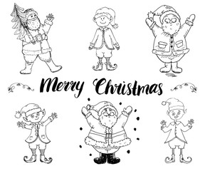 Santa Claus and elfs, gnomes Hand drawn set. Merry Christmas lettering. vector illustration isolated on white.