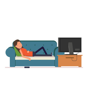 The girl sleeps on the sofa watching television. Tired woman dropped her phone while you sleep. Vector, illustration EPS10.