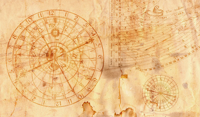 Astronomical clock in grunge style useful as a background - 16:9