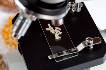 Fototapeta na wymiar rice on microscope slide in food laboratory