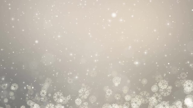 Gray Christmas card. Winter with snowflakes, stars and snow. Computer generated seamless loop abstract background.