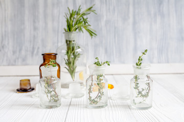 Fototapeta na wymiar concept - natural medicine herbs in bottles on wooden background