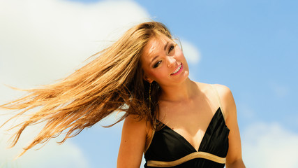 Naklejka premium Blissful woman vacation day.