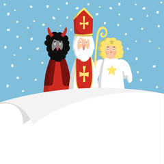 St. Nicholas with devil,angel and blank paper. Cute Christmas invitation, card, wish list. Flat design, vector illustration.