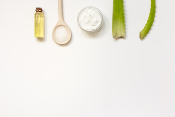 Alternative skin care aloe vera top view on white background
