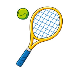 Yellow tennis racket and ball icon isolated.