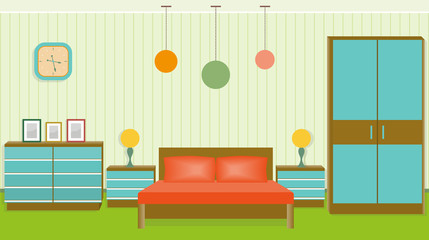 Bright bedroom interior in flat style. Vector illustration