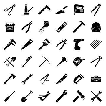 Set of thirty six flat style black and white tools used in construction, building, engeeniring, manufacturing. Vector illustration.