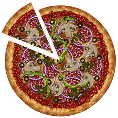 Realistic pizza with sausage and vegetables with a cut piece