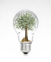 retro vintage light bulb with dollar and money tree on top on white background