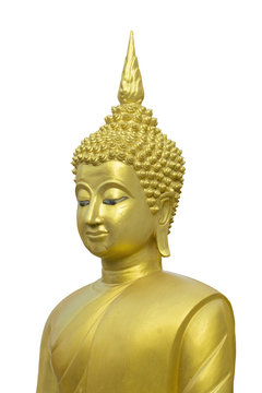 Image of golden buddha statue on white background.