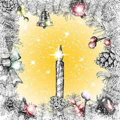 Christmas and New Year hand drawn holiday illustration greeting card background with glowing Christmas lights and space for text. 