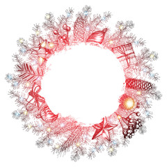 Christmas wreath. Hand drawn illustration with fir tree branches, balls bow, gift box. Engraved traditional xmas decoration element. Great for greeting and invitation card, holiday banner. 