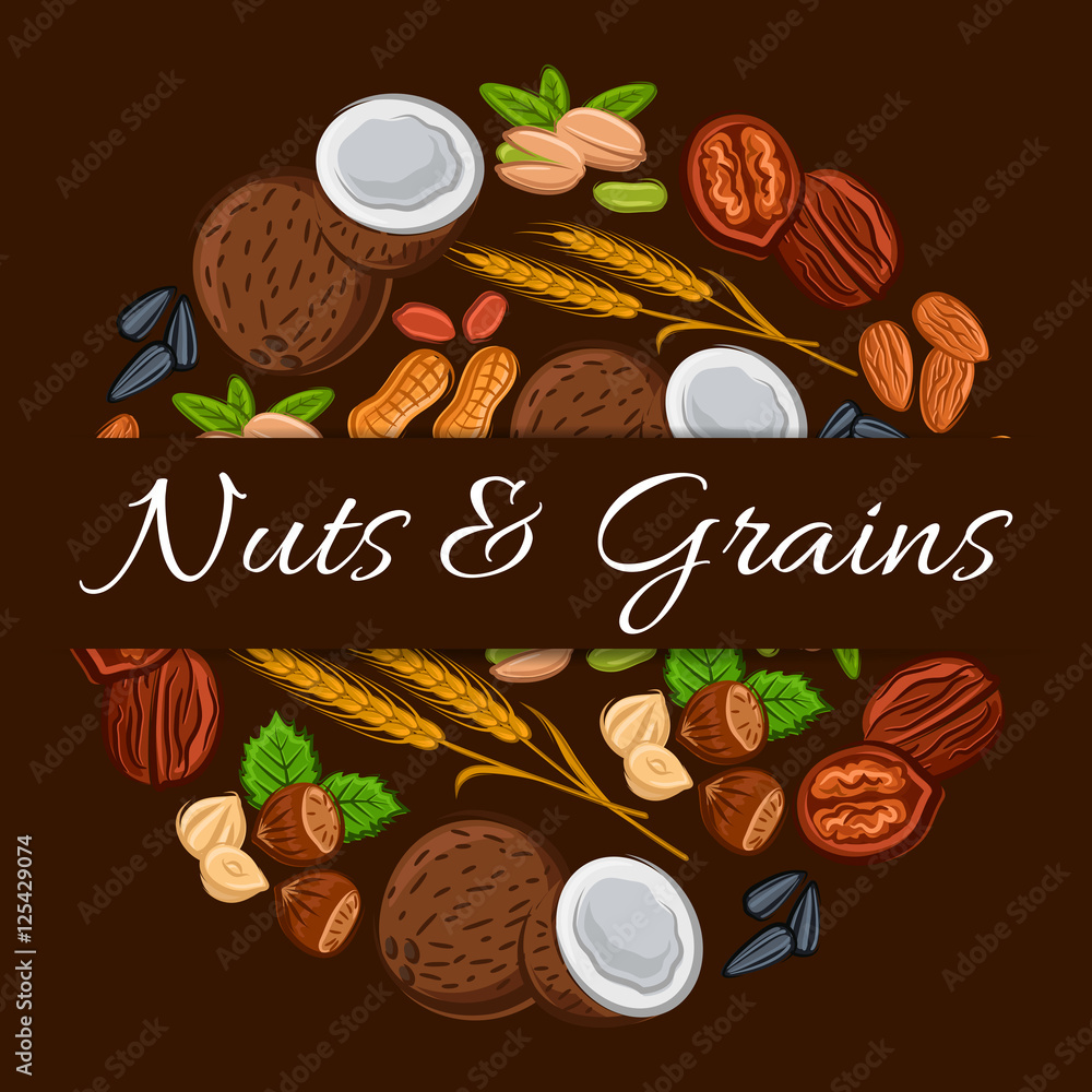 Wall mural Nuts and grains in round shape emblem