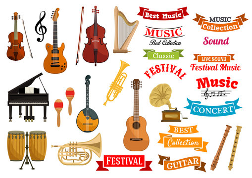 Musical instruments, music vector ribbon emblems