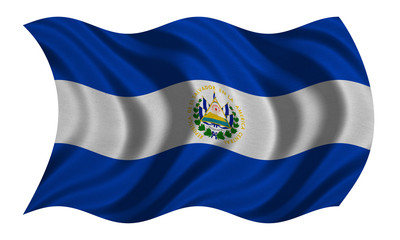 Flag of El Salvador wavy on white, fabric texture