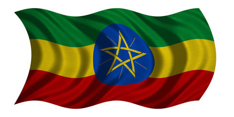 Flag of Ethiopia wavy on white, fabric texture