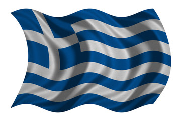 Flag of Greece wavy on white, fabric texture