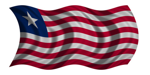 Flag of Liberia wavy on white, fabric texture