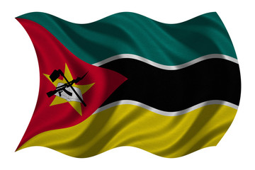 Flag of Mozambique wavy on white, fabric texture