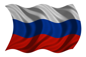 Flag of Russia wavy on white, fabric texture
