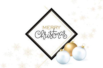 vector illustration of hand drawn lettering - Merry Christmas - with frame, christmas ornaments and snowflakes on the background