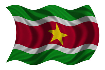 Flag of Suriname wavy on white, fabric texture