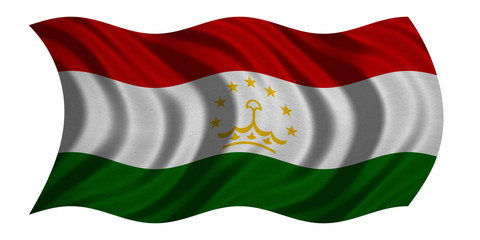Flag of Tajikistan wavy on white, fabric texture