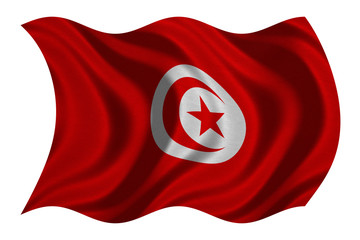 Flag of Tunisia wavy on white, fabric texture
