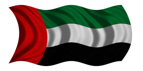 Flag of the UAE wavy on white, fabric texture