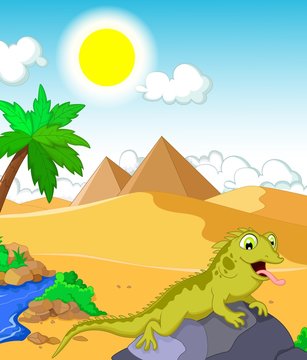 lizard cartoon with desert and pyramid background