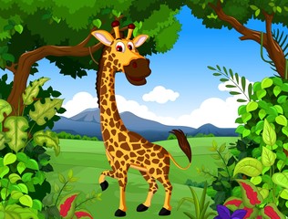 Fototapeta premium giraffe cartoon with landscape background