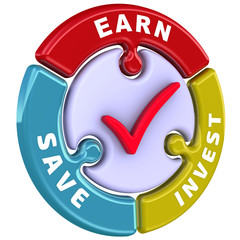 Earn, save, invest. The check mark in the form of a puzzle
