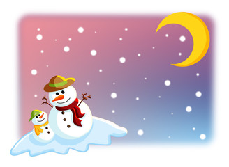 Happy & funny colorful father and son snowman on snow with snowy weather, pink purple blue and crescent moon background.