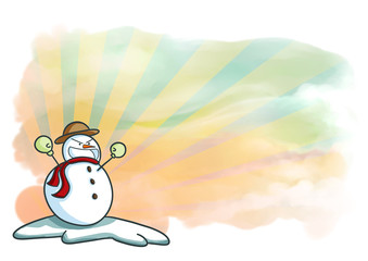 Funny snowman get enthusiastic for winter with happy colorful background.