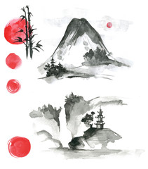 Hand drawn ink sumi-e elements: landskype, sun, temple, bamboo, 
