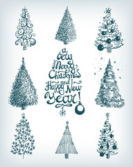 Collection of hand drawn vector Christmas and New Year trees