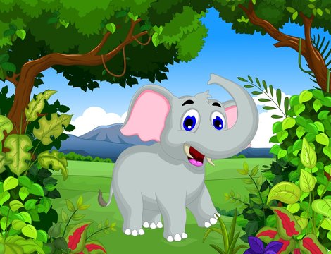 funny elephant cartoon with landscape background