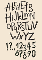 Vector hand drawn latin abc, numbers and punctuation marks