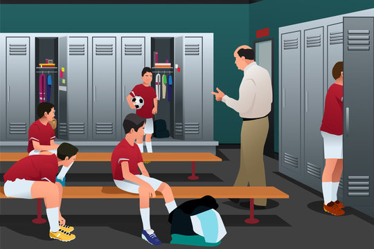 Soccer Coach Talking to the Players in the Locker Room
