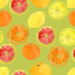 Seamless pattern with watercolor citrus: lemon, orange, grapefru