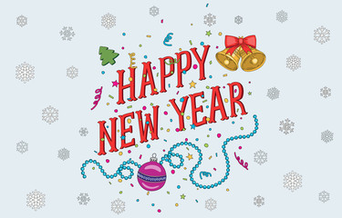 Christmas new year 2017 handdrawing postcard with snowflakes, coloured confetti, stars, bells, gift, snowman. Brightly and cheerful invitation for winter holidays, event, party

