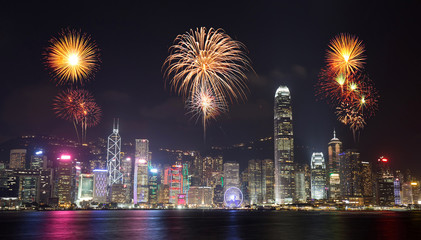 Fireworks Festival over Hong Kong city