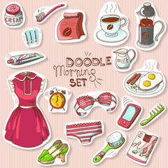 Morning doodle sticker collection: coffee, cup, breakfast, tooth