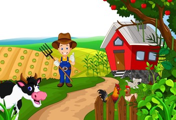 Farm background with farmer and animals