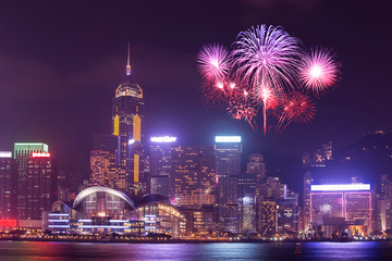 Fireworks Festival over Hong Kong city