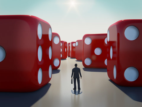 Businessman standing with rolling dice around, Business risk concept.3D rendering.