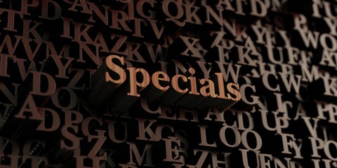 Specials - Wooden 3D rendered letters/message.  Can be used for an online banner ad or a print postcard.