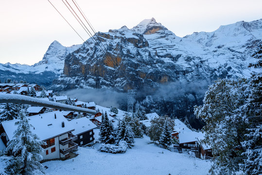 View of snow, mountain and village. Jungfrau Switzerland
