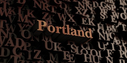 Portland - Wooden 3D rendered letters/message.  Can be used for an online banner ad or a print postcard.